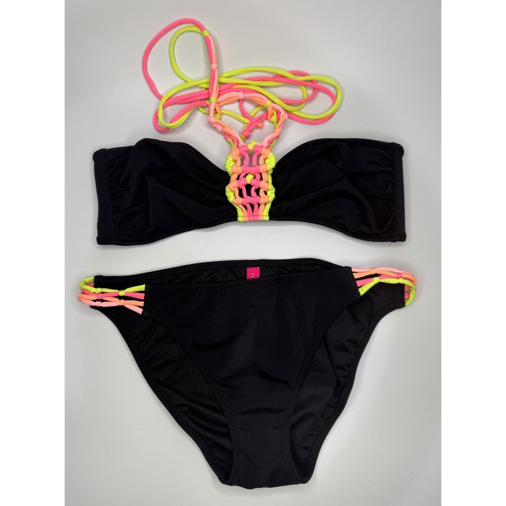 Victoria's Secret Black Hot Pink Orange Yellow NEON Strappy Cheeky Swim Set Med - Picture 2 of 16